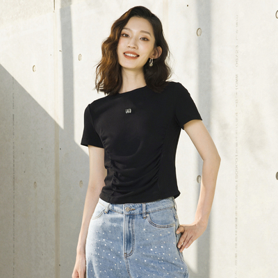 婉甸2026夏季新品黑色坑条短袖T恤1252T03SX1YX