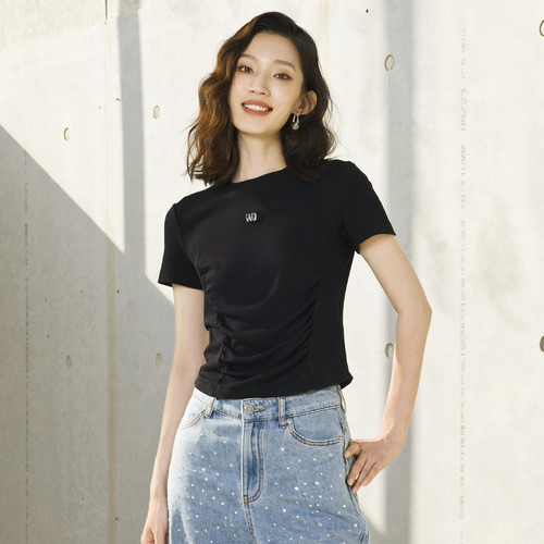 婉甸2026夏季新品黑色坑条短袖T恤1252T03SX1YX