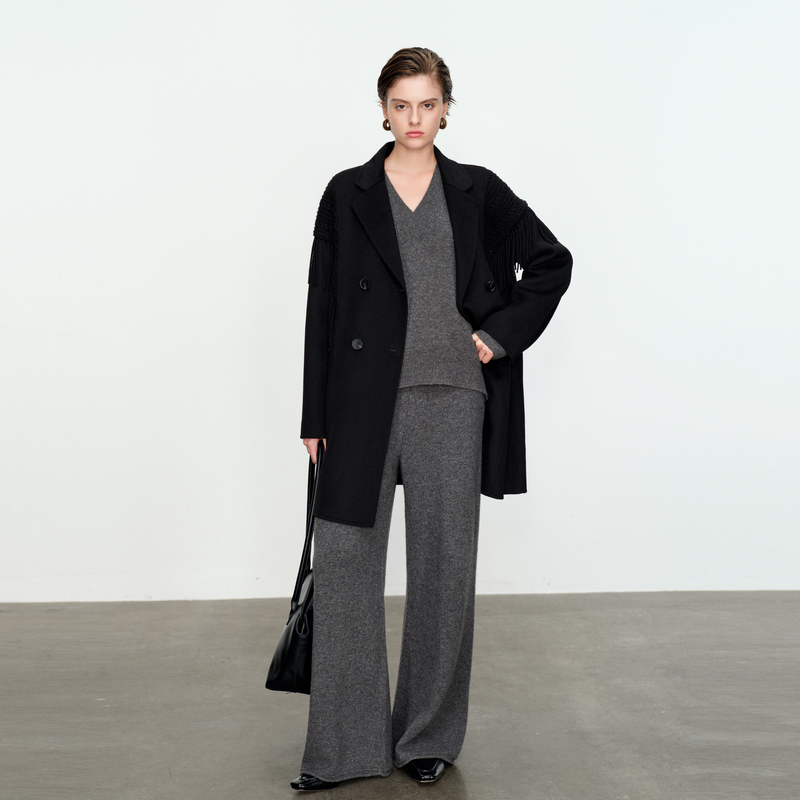 婉甸黑色双面呢大衣2024冬季新品宽松中长款大衣1234C03SJ2YX