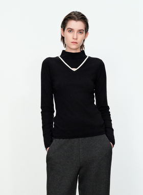 婉甸黑色毛织套头衫冬季新品修身螺纹长袖毛织套头衫1234W31RJ3YX