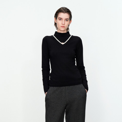 婉甸黑色毛织套头衫冬季新品修身螺纹长袖毛织套头衫1234W31RJ3YX