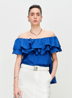 婉甸2025夏季新品克莱茵蓝/云白色一字领套头上衣1242H28SX4