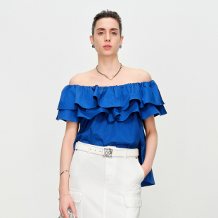 云白色一字领套头上衣1242H28SX4 克莱茵蓝 婉甸2025夏季 新品