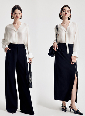 婉甸2026春季新品米白/橡木棕V领珍珠扣上衣H型长袖1251S06ZY1