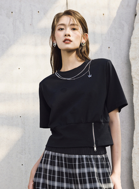 婉甸2025夏季新品黑色短袖T恤圆领链条五分袖1242T04SX1