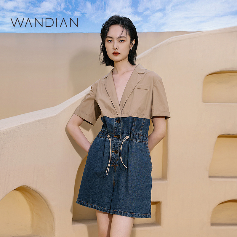 婉甸牛仔蓝拼接连身短裤夏季新品西装领腰部抽绳1232J04DJ6