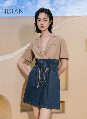 婉甸牛仔蓝拼接连身短裤夏季新品西装领腰部抽绳1232J04DJ6