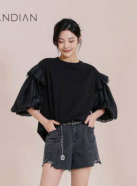 婉甸黑色拼接短袖T恤夏季新品睫毛蕾丝拼接泡泡袖小衫1232T08RS1