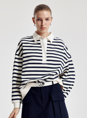 婉甸2026春季新品藏青米白条纹卫衣H型长袖纯棉1251Y03SX2