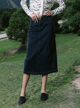 婉甸2025春季新品黑灰色丹宁长包裙百搭风半身裙1241K12SX3