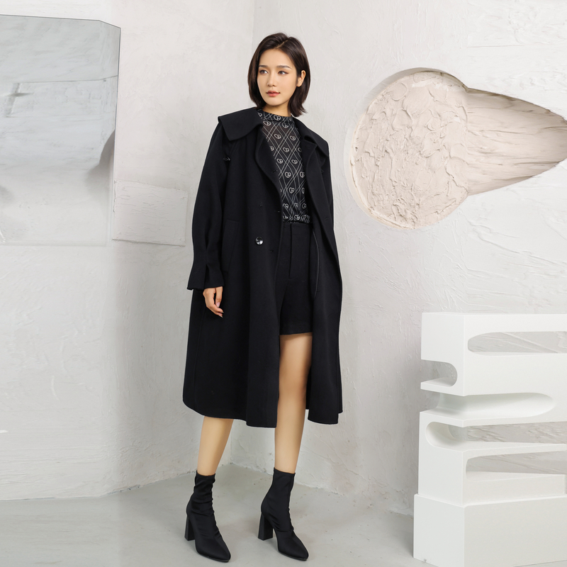 婉甸黑色双面呢大衣2024冬季新品A型中长款外套1234C07RJ3YX