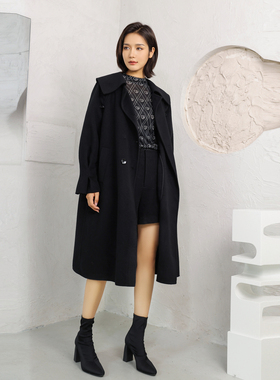 婉甸黑色双面呢大衣2024冬季新品A型中长款外套1234C07RJ3YX