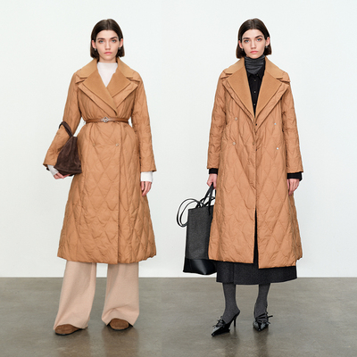 婉甸拉菲驼拼接长款羽绒服2024冬季新品假两件外套1234D06JX2