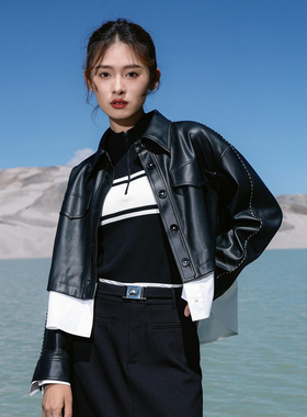 婉甸2026春季新品黑色PU皮拼接外套A型长袖1251O02XJ1YX