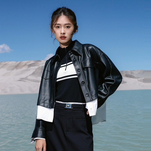婉甸2026春季新品黑色PU皮拼接外套A型长袖1251O02XJ1YX
