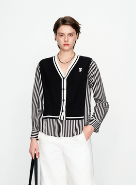 婉甸2025春季新品黑色拼接长袖毛织开衫通勤风针织衫1241W35SX4