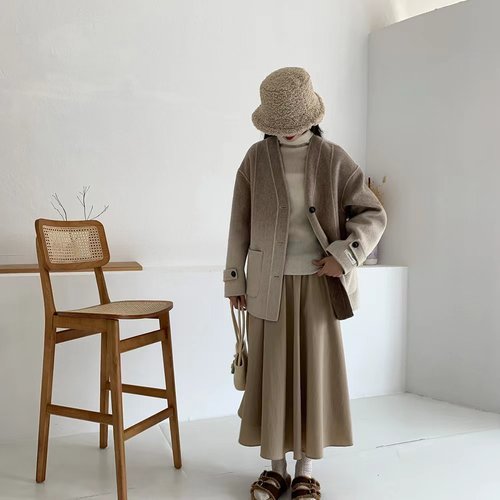 韩版  春季新款羊毛外套中长款109v领渐变色休闲通勤女装毛呢外套