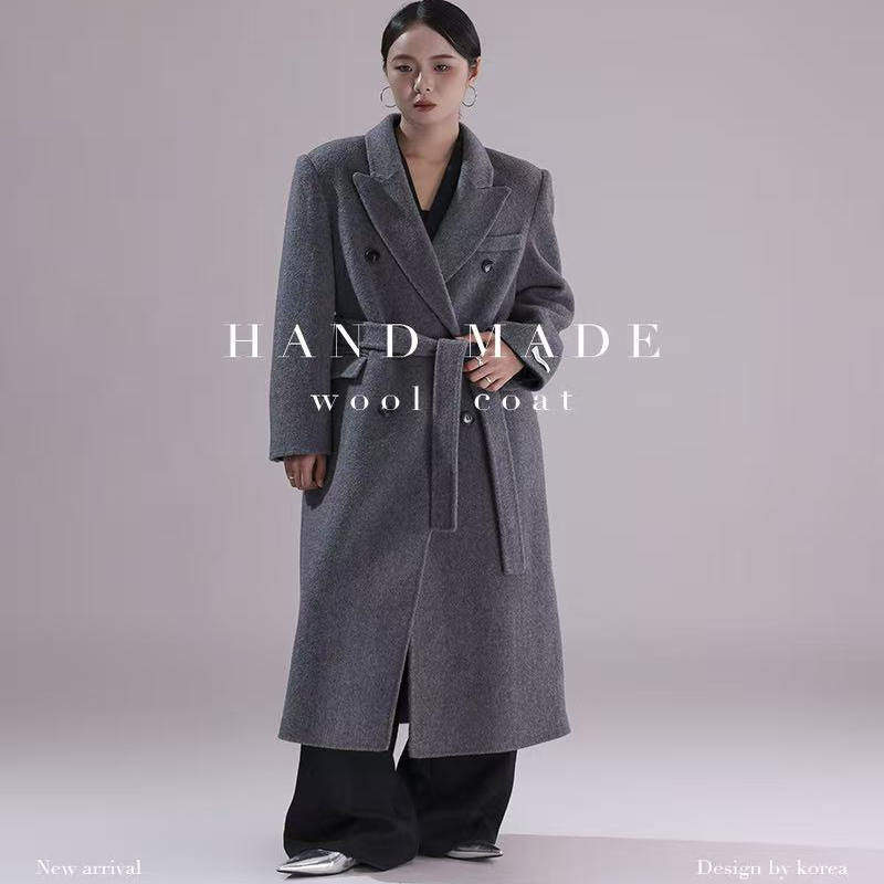 韩国 新款羊毛长款大衣 569双面羊毛系腰绳时尚洋气女装羊毛外套