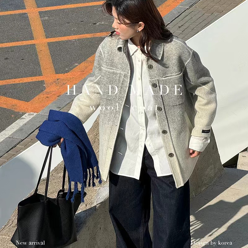 韩版 春季新款棉羊毛女装外套454 渐变翻领系扣时尚女装毛呢外套
