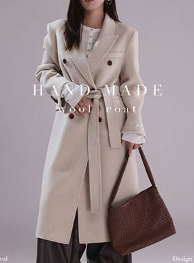 韩版 秋季长款女装羊毛大衣85026翻领系腰绳职业通勤女装羊毛外套