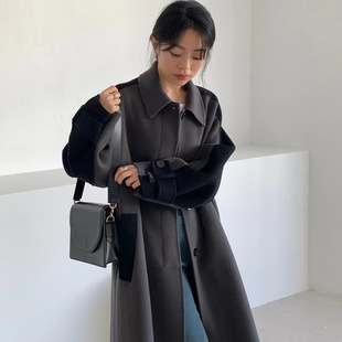 休闲新款 新款 韩国羊毛长款 大衣961拼接翻领时尚 大衣 女装