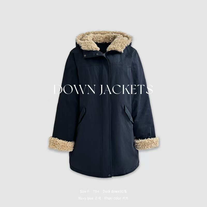 韩版 新款鸭绒中长款羽绒服754连帽休闲抗风保暖女装羽绒服外套