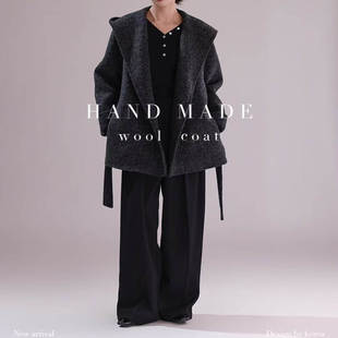 新款 通勤洋女装 女装 无扣系腰绳时尚 羊毛大衣 羊毛外套85066 韩版