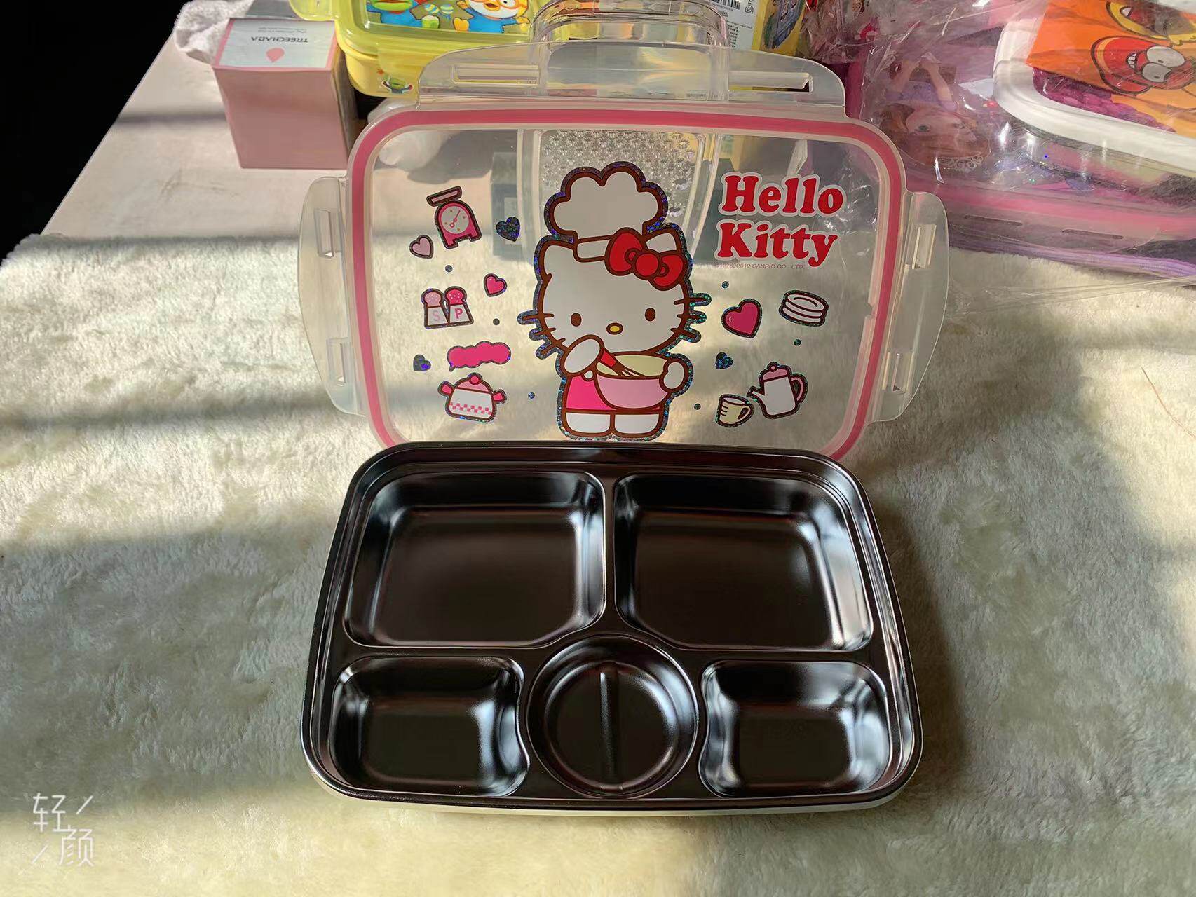 特价 韩国进口hello kitty 凯蒂猫 儿童塑料不锈钢密封盖餐盘餐盒