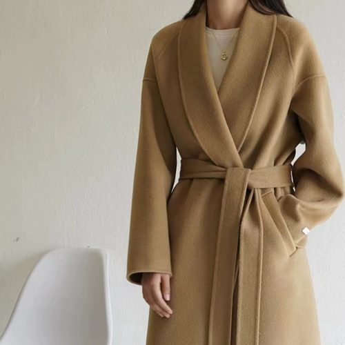 特价 韩国羊毛长款大衣872大翻领系腰绳无扣休闲时尚通勤新款女装