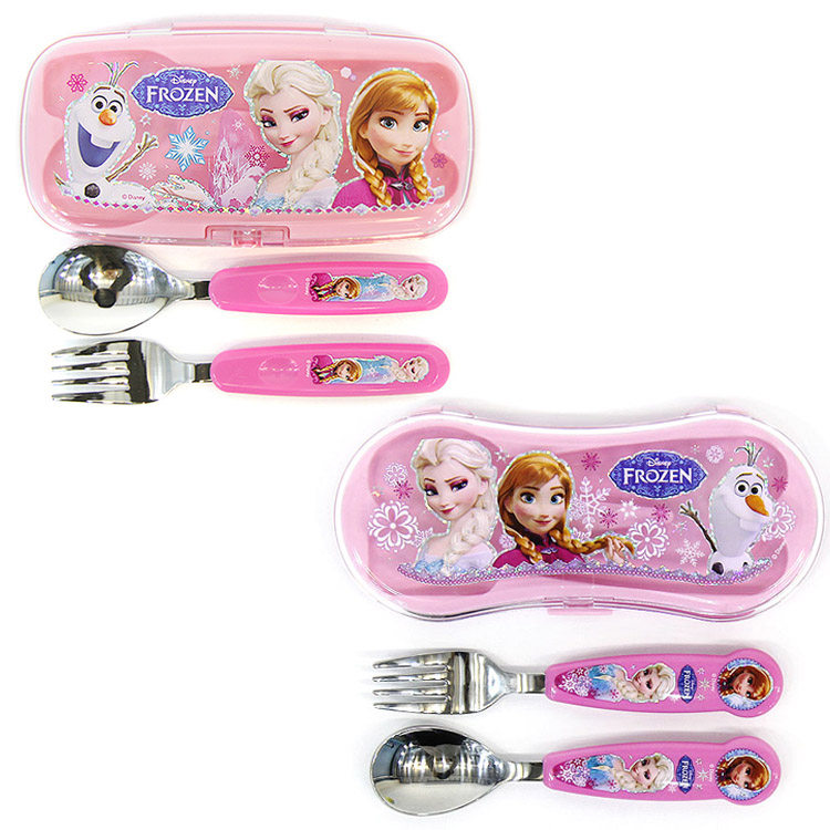 韩国进口冰雪奇缘迷你儿童餐具卡通不锈钢勺叉加盒套装勺子勺筷