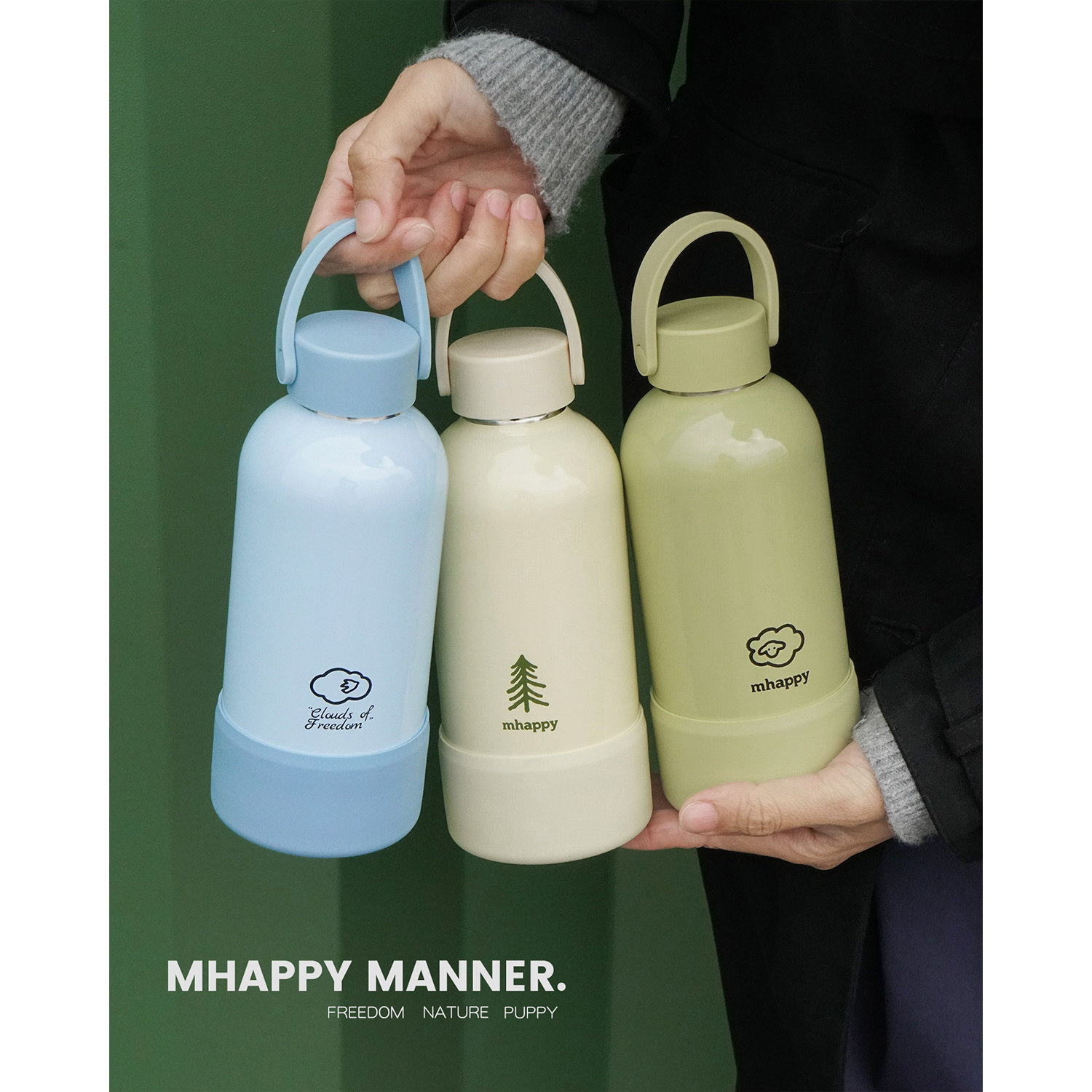 MhappyManner原创山野自然小狗保温杯304不锈钢水杯便携可爱水壶 - 实物图