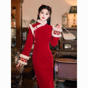 红色旗袍敬酒服新娘秋冬季加绒加厚保暖订婚礼服裙新年过年拜年服