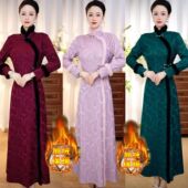 加绒加厚高级提花妈妈保暖大码 冬季 高端旗袍新款 不开叉改良旗袍裙
