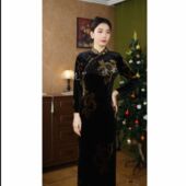 国风改良旗袍高端精致轻奢高级感御修身 新中式 印花长裙 向阳花