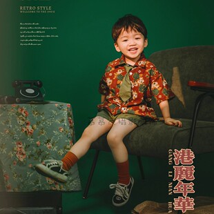 影楼小童拍摄复古港风写真照男童幼儿园走秀演出服儿童时尚模卡服