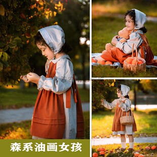 复古时尚油画文艺风儿童咖色系背带裙简约森系外景影楼拍照套装