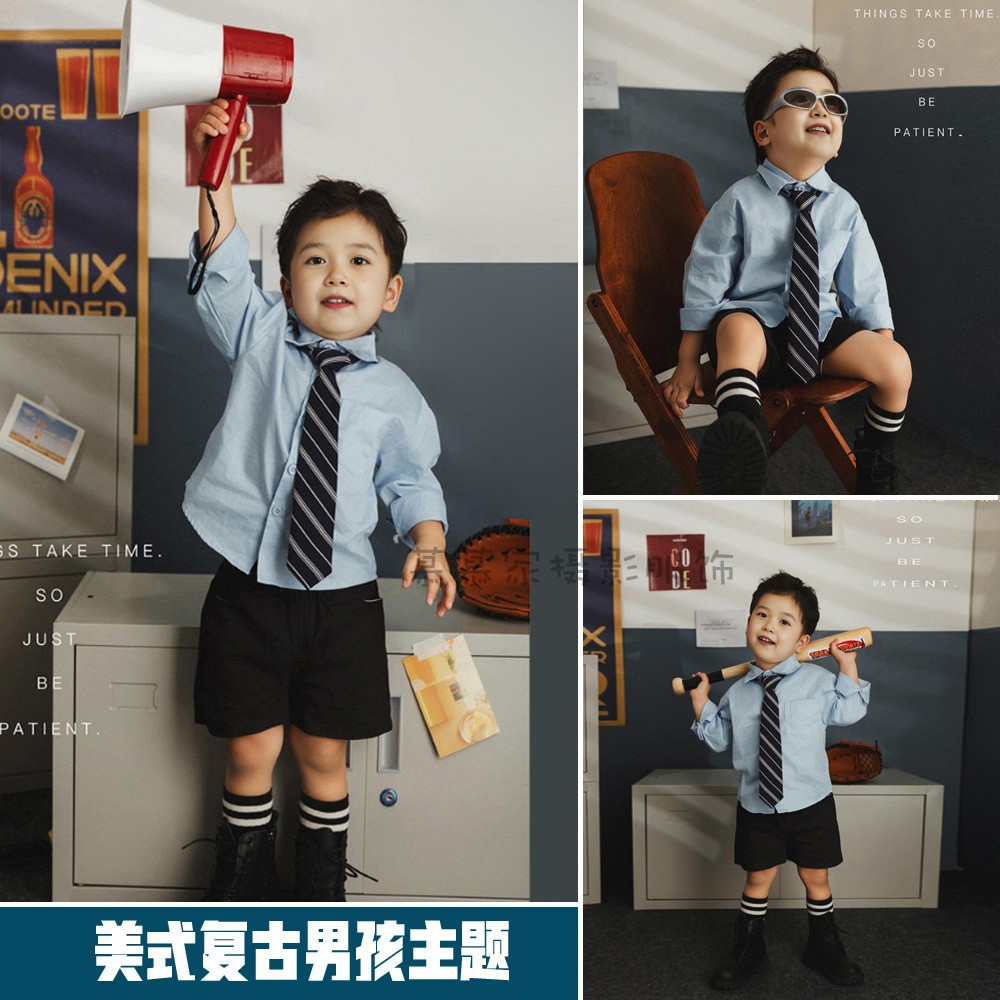 儿童摄影服装美式蓝色复古男孩衬衫领带影楼拍照道具宝宝写真衣服