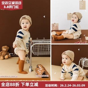 百天周岁焦糖系男宝棒球运动风套装儿童摄影咖色小熊主题文艺写真