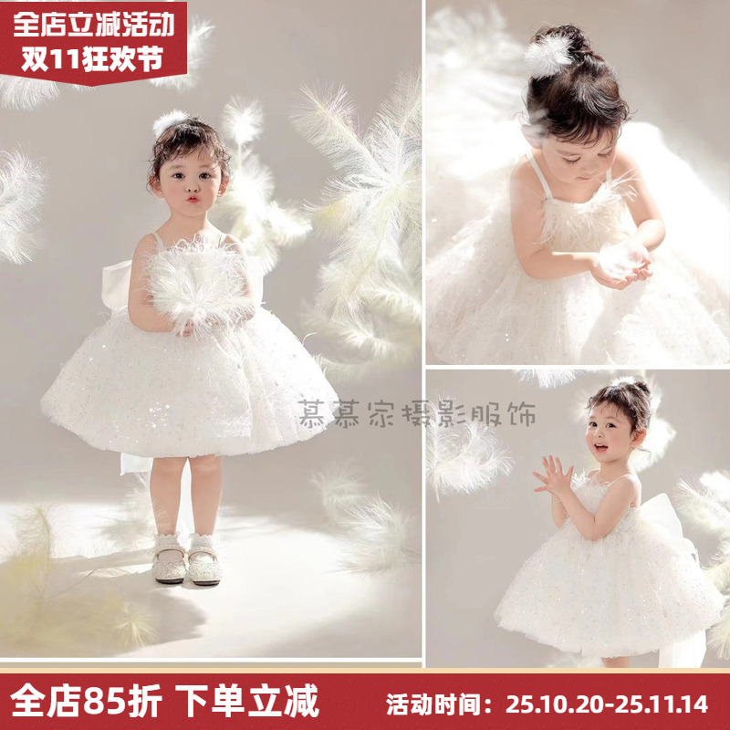 小天鹅羽毛儿童礼服演出公主裙
