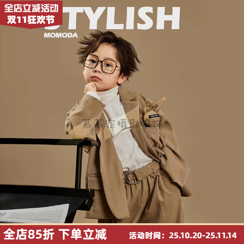 时尚男童韩版咖色西服杂志风时装模卡走秀休闲小西装儿童拍照服装