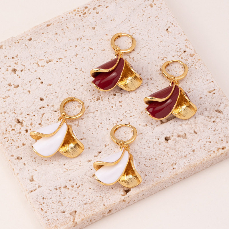 欧美法式浪漫简约花朵白色珐琅彩耳扣 百合花瓣酒红色耳环耳饰女