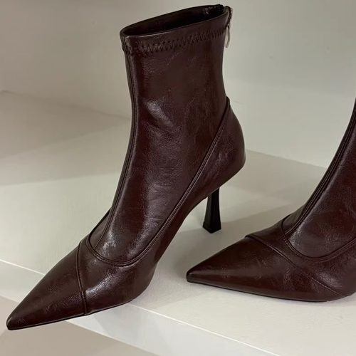 羊皮版法式气质真皮尖头短靴