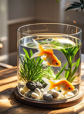 新款超白玻璃鱼缸客厅办公室桌面小型免换水生态圆柱形金鱼缸造景