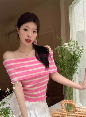 别致条纹绝美气质上衣夏季网红修身法式黑色露肩一字肩短袖针织衫