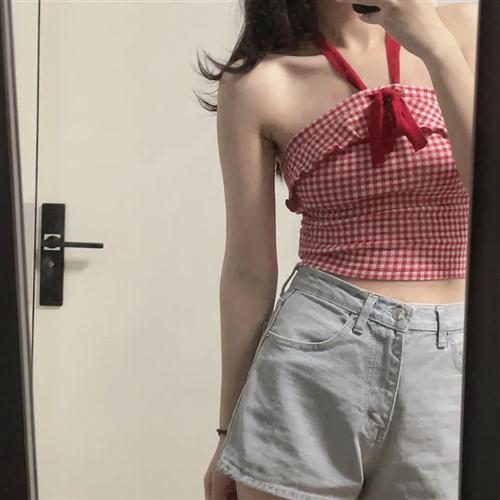 短款复古格子辣妹蝴蝶结吊带背心夏季无袖新款修身纯欲风外穿上衣
