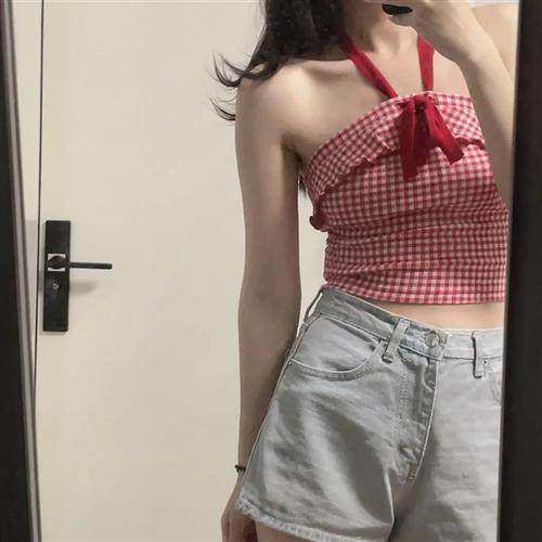 短款复古格子辣妹蝴蝶结吊带背心夏季无袖新款修身纯欲风外穿上衣