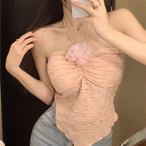 韩系不规则系带挂脖背心女夏季辣妹带胸垫吊带度假风露背无袖上衣