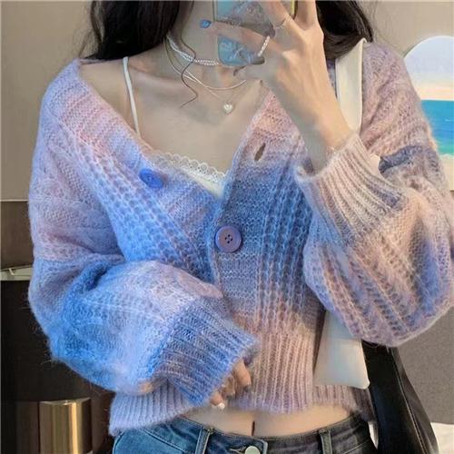 韩版渐变色彩虹麻花毛衣开衫女秋季2024新款显瘦开衫短款针织外套