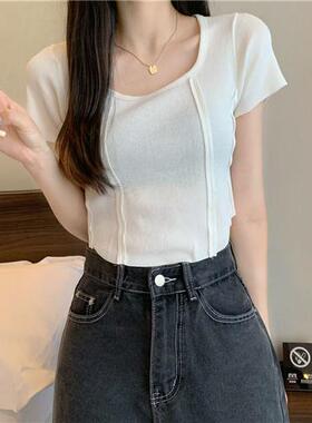 性感方领设计感小众短袖针织衫女夏季修身不规则显瘦白色短款上衣