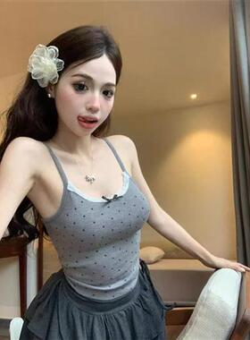 纯欲蕾丝花边针织独特吊带背心夏季拼接修身白色波点短款上衣外穿